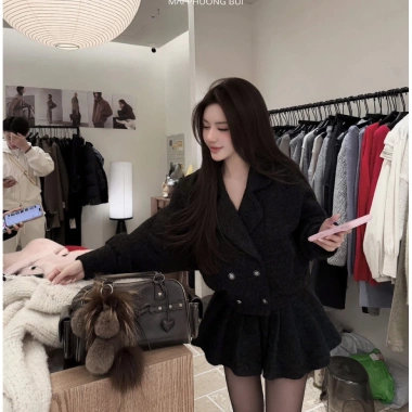 Set áo khoác váy dạ tweed xoè Peplum Hàn Quốc, giữ form, mặc Tết - Giá 489k