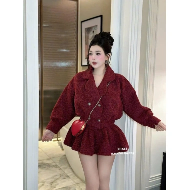 Set áo khoác váy dạ tweed xoè Peplum Hàn Quốc, giữ form, mặc Tết - Giá 489k
