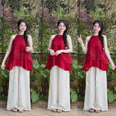 Set áo yếm Tết tầng và quần ống rộng siêu xinh, phong cách tiểu thư, giá ưu đãi 218.200₫