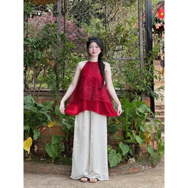 Set áo yếm Tết tầng và quần ống rộng siêu xinh, phong cách tiểu thư, giá ưu đãi 218.200₫