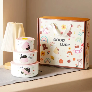Set bát quà tặng 3 bát sứ cute mèo đen trong hộp, giá ưu đãi 139k sinh nhật 3