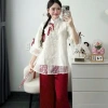 Set bộ tết áo cổ tàu dây cột nơ và quần ống rộng, dễ thương cho nữ đi tiệc lễ chùa tết
