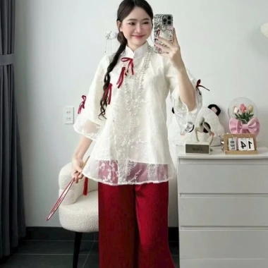 Set bộ tết áo cổ tàu dây cột nơ và quần ống rộng, dễ thương cho nữ đi tiệc lễ chùa tết