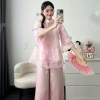 Set bộ tết áo cổ tàu dây cột nơ và quần ống rộng, dễ thương cho nữ đi tiệc lễ chùa tết 2