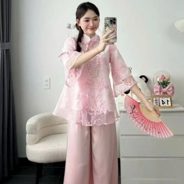 Set bộ tết áo cổ tàu dây cột nơ và quần ống rộng, dễ thương cho nữ đi tiệc lễ chùa tết