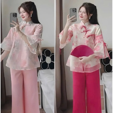 Set bộ tết áo cổ tàu dây cột nơ và quần ống rộng, dễ thương cho nữ đi tiệc lễ chùa tết