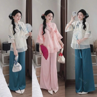 Set bộ tết áo cổ tàu dây cột nơ và quần ống rộng, dễ thương cho nữ đi tiệc lễ chùa tết
