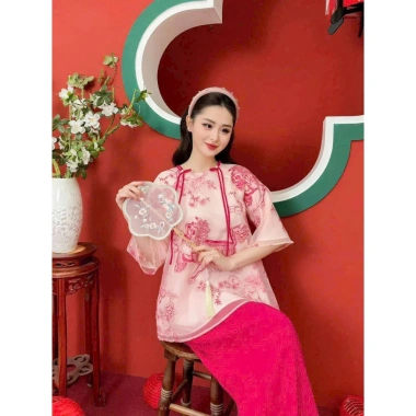 Set bộ tết áo cổ tàu dây cột nơ và quần ống rộng, dễ thương cho nữ đi tiệc lễ chùa tết