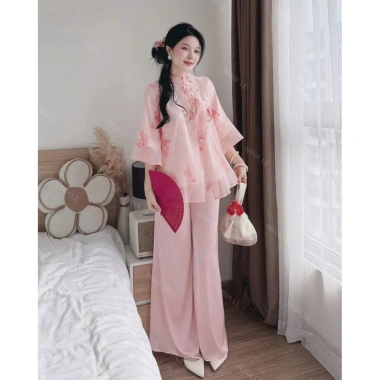 Set bộ tết áo cổ tàu dây cột nơ và quần ống rộng, dễ thương cho nữ đi tiệc lễ chùa tết