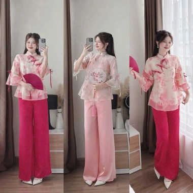 Set bộ tết áo cổ tàu dây cột nơ và quần ống rộng, dễ thương cho nữ đi tiệc lễ chùa tết