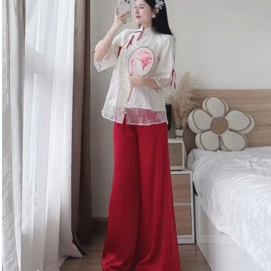 Set bộ tết áo cổ tàu dây cột nơ và quần ống rộng, dễ thương cho nữ đi tiệc lễ chùa tết 9 Set bộ tết áo cổ tàu dây cột nơ và quần ống rộng, dễ thương cho nữ đi tiệc lễ chùa tết 9