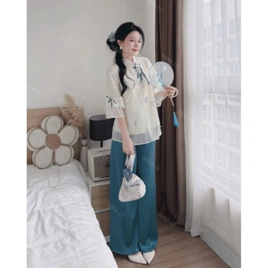 Set bộ tết áo cổ tàu dây cột nơ và quần ống rộng, dễ thương cho nữ đi tiệc lễ chùa tết