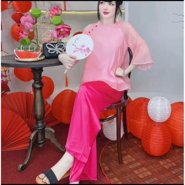 Set cách tân áo tơ ánh tằm đính nút tay lỡ + quần phi lụa ống rộng - mặc Tết, đi chùa, lễ hội, chỉ 85.000 VND
