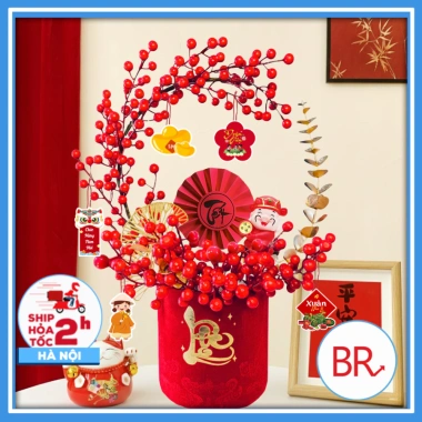 Set cắm bình Đào Đông Lộc Minh Xuân Tết 2.026 - Cành hoa, bình trụ nhung đỏ, đón tài lộc, giảm còn 100.000đ