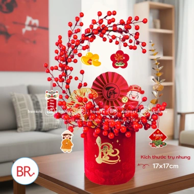 Set cắm bình Đào Đông Lộc Minh Xuân Tết 2.026 - Cành hoa, bình trụ nhung đỏ, đón tài lộc, giảm còn 100.000đ
