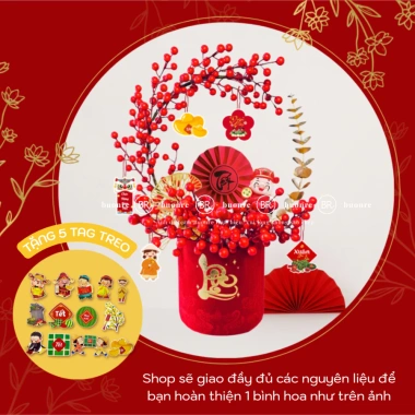 Set cắm bình Đào Đông Lộc Minh Xuân Tết 2.026 - Cành hoa, bình trụ nhung đỏ, đón tài lộc, giảm còn 100.000đ