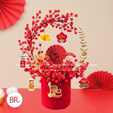 Set cắm bình Đào Đông Lộc Minh Xuân Tết 2.026 - Cành hoa, bình trụ nhung đỏ, đón tài lộc, giảm còn 100.000đ
