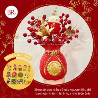 Set cắm bình Đào Đông Lộc Minh Xuân Tết 2.026 - Cành hoa, bình trụ nhung đỏ, đón tài lộc, giảm còn 100.000đ