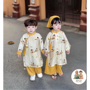Set Cặp Áo Dài Cách Tân Lụa Họa Tiết Anh Em - Thiết Kế Đẹp Cho Bé Trai & Gái, Giá 129k 2