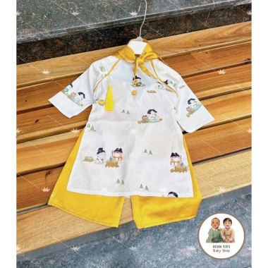 Set Cặp Áo Dài Cách Tân Lụa Họa Tiết Anh Em - Thiết Kế Đẹp Cho Bé Trai & Gái, Giá 129k 5