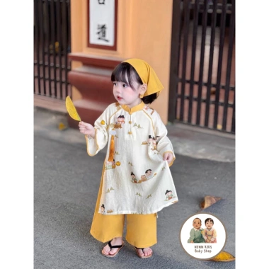 Set Cặp Áo Dài Cách Tân Lụa Họa Tiết Anh Em - Thiết Kế Đẹp Cho Bé Trai & Gái, Giá 129k 7