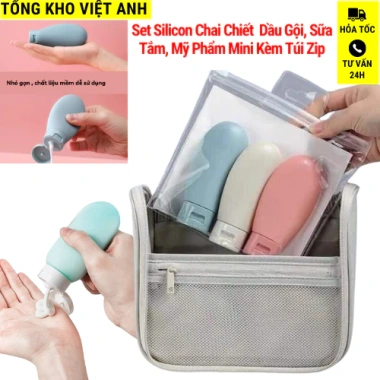 Set chai chiết silicon du lịch TKVA 5.091 – chiết dầu gội, sữa tắm, mỹ phẩm mini, kèm túi zip chống tràn, chỉ 29.000₫