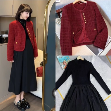 Sét Dạ Bầu Xinh – Áo Da 2 Lớp Đỏ ĐÔ + Váy Maxi Dài Tiểu Thư Mùa Đông size 40-75kg Giá ưu đãi 170k 2