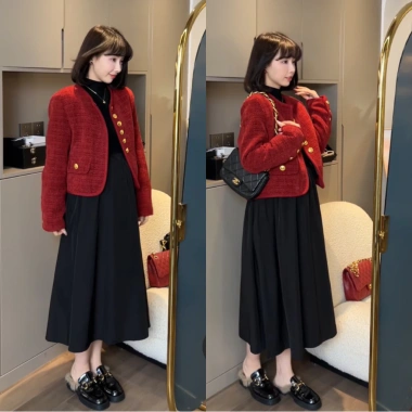 Sét Dạ Bầu Xinh – Áo Da 2 Lớp Đỏ ĐÔ + Váy Maxi Dài Tiểu Thư Mùa Đông size 40-75kg Giá ưu đãi 170k 9