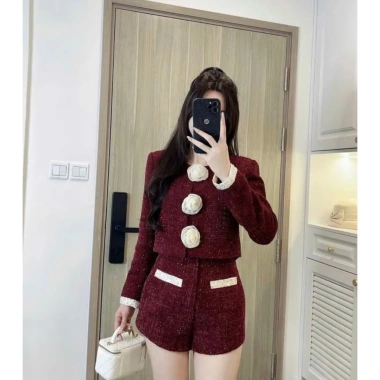Set dạ tweed nữ nhũ kim sa viền ngọc đính hoa trà + quần short tiểu thư mùa đông - chỉ 349k 2