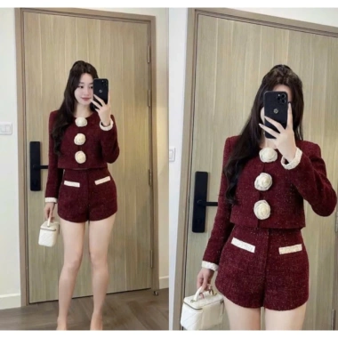 Set dạ tweed nữ nhũ kim sa viền ngọc đính hoa trà + quần short tiểu thư mùa đông - chỉ 349k 3