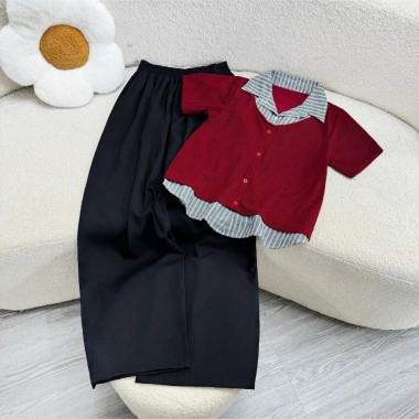 Set đồ bigsize nữ áo cardigan đỏ đô cổ sơ mi và quần ống suông che khuyết điểm 55-92kg giảm còn 148.000đ