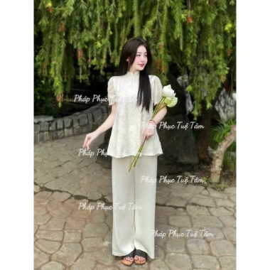 Set đồ lam nữ cách tân Yến Phụng vạt xòe, pháp phục đi chùa lông vũ mềm mại – 175k