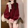 Set Đồ Nữ Áo Nỉ Hoodie Trễ Vai Thắt Nơ và Chân Váy Xòe Tầng Màu Đỏ Lễ Tết 2.025 Siêu Xinh