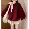 Set Đồ Nữ Áo Nỉ Hoodie Trễ Vai Thắt Nơ và Chân Váy Xòe Tầng Màu Đỏ Lễ Tết 2.025 Siêu Xinh 4