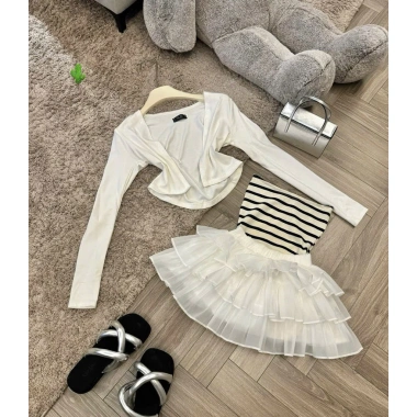 Set đồ nữ chơi Tết LOVITY GGG: Áo khoác cardigan, áo ống sọc, váy voan tầng xoè - Giá chỉ 189.000đ