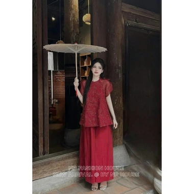 Set đồ nữ Tết 2.025 áo tơ thêu cổ tròn đính nơ và chân váy duyên dáng - chỉ 199k 10