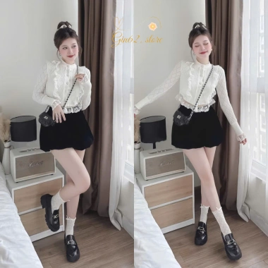 Set đồ nữ tiểu thư: Áo len xốp croptop ren + quần short nhung bồng - 179k