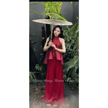 Set đồ Tết 2.024 áo gấm hoa cổ yếm và quần dài lụa ống rộng - Giá ưu đãi 139k 2