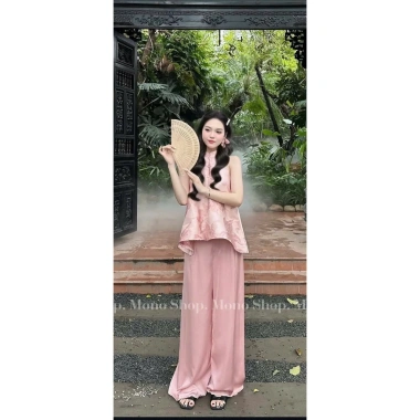 Set đồ Tết 2.024 áo gấm hoa cổ yếm và quần dài lụa ống rộng - Giá ưu đãi 139k 6