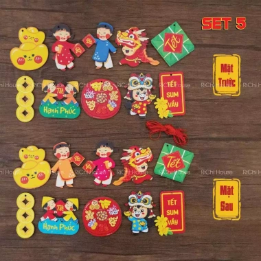 Set Gỗ In Hình 2 Mặt Tết 2.026 - Hạc và Lồng Đèn Vải Dạ Treo Siêu Xinh, 50.000₫