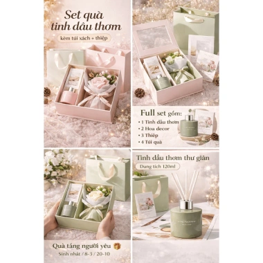 Set Hộp Quà Tinh Dầu Thơm và Hoa Lụa Trang Trí - Quà Tặng 20/10 20/11 Valentine 14/2 8/3 Giá ưu đãi 123.599₫ 3