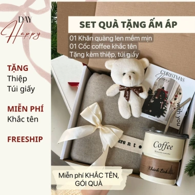 Set Khắc Tên Miễn Phí - Khăn Quàng Len và Cốc Coffee, Quà Giáng Sinh, Sinh Nhật