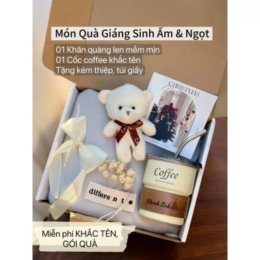 Set Khắc Tên Miễn Phí - Khăn Quàng Len và Cốc Coffee, Quà Giáng Sinh, Sinh Nhật