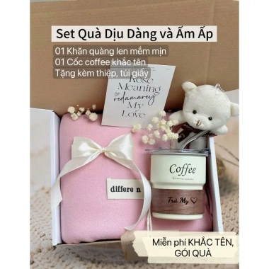 Set Khắc Tên Miễn Phí - Khăn Quàng Len và Cốc Coffee, Quà Giáng Sinh, Sinh Nhật
