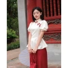Sét lam thanh lịch, áo gấm hoa cổ tàu tay bồng nhún, eo nơ xéo, quần suông tuyết nhung đỏ - Giá 199.030₫ 2