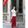 Sét lam thanh lịch, áo gấm hoa cổ tàu tay bồng nhún, eo nơ xéo, quần suông tuyết nhung đỏ - Giá 199.030₫ 3