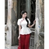 Sét lam thanh lịch, áo gấm hoa cổ tàu tay bồng nhún, eo nơ xéo, quần suông tuyết nhung đỏ - Giá 199.030₫ 4