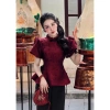 Set lam thiết kê thanh lịch áo gấm đỏ tay bồng cổ trụ rút dây sườn và quần suôg Giá ưu đãi 198.010 VND 10
