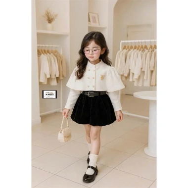 Set mặc Tết bé gái 5 món Juny Kids 10‑35kg: áo giữ nhiệt, áo choàng khuy, quần nhung, đai lưng - 210k