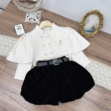 Set mặc Tết bé gái 5 món Juny Kids 10‑35kg: áo giữ nhiệt, áo choàng khuy, quần nhung, đai lưng - 210k